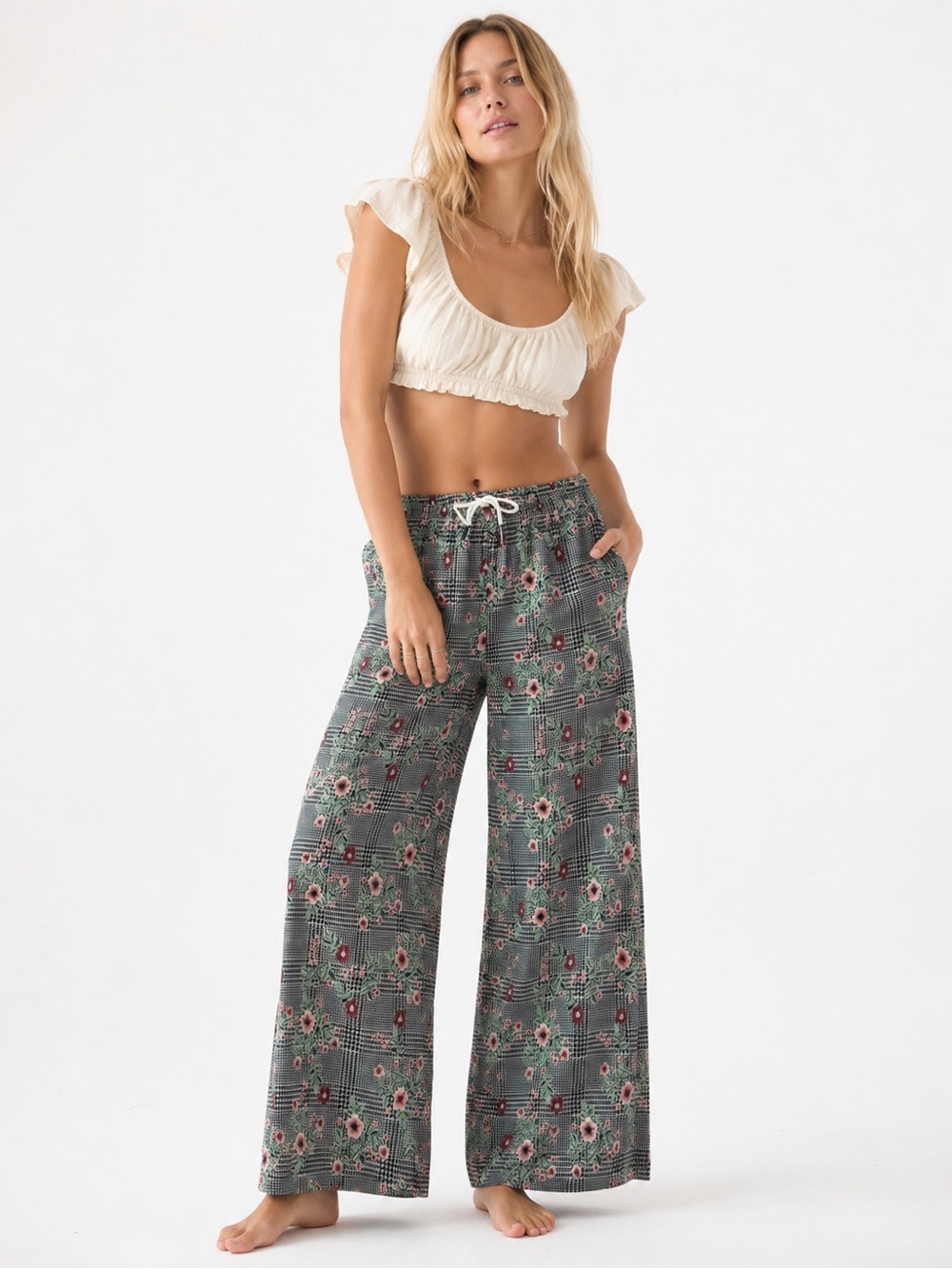 Urban Outfitters Mixed Print Floral Gingham Jacquard Wide Leg Lounge Pants M